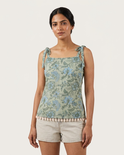 Sage Green Botanical Floral Tie-Strap Top with Shell Detailing