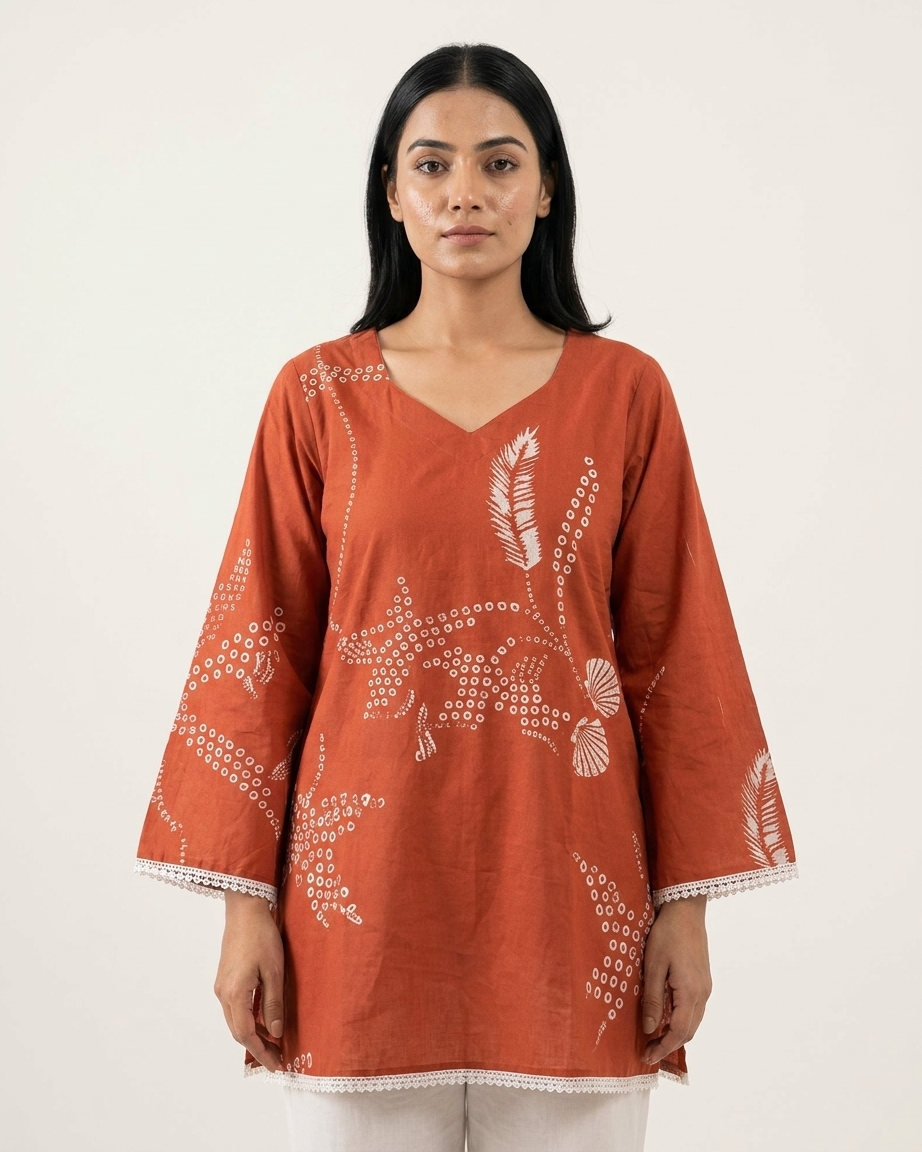 Terracotta Rust Leaf Motif Tunic with Lace Trim