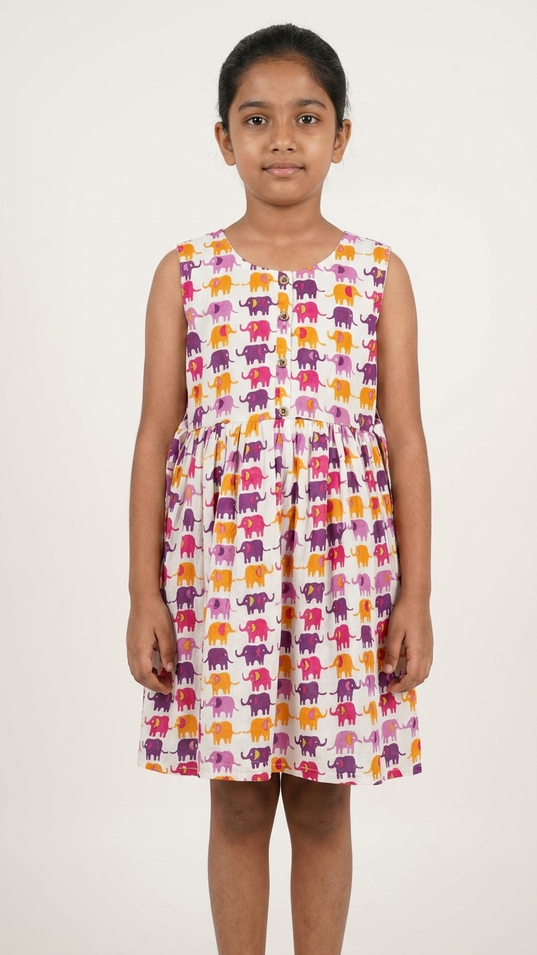 Sunset Elephant Print Girls' Cotton Sleeveless Frock