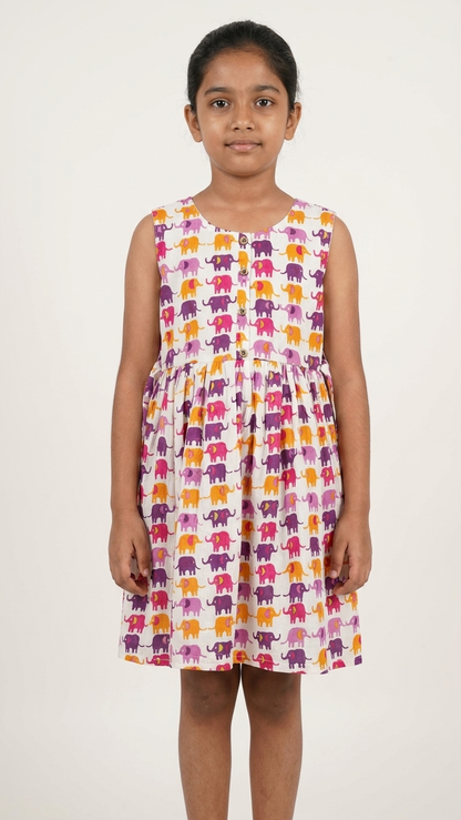 Sunset Elephant Print Girls' Cotton Sleeveless Frock