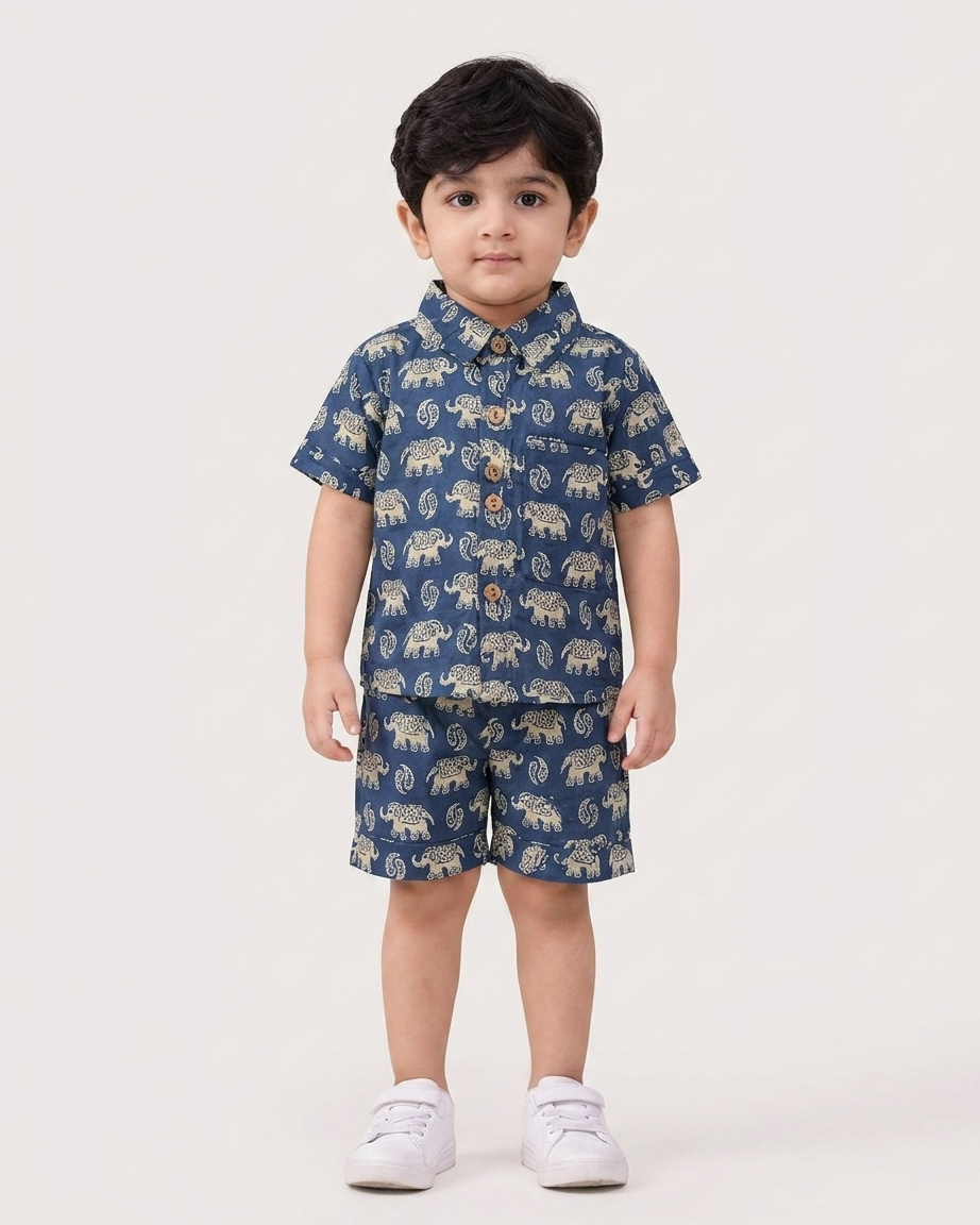 Slate Blue Elephant Motif Boys' Cotton Co-ord Set: Shirt & Shorts