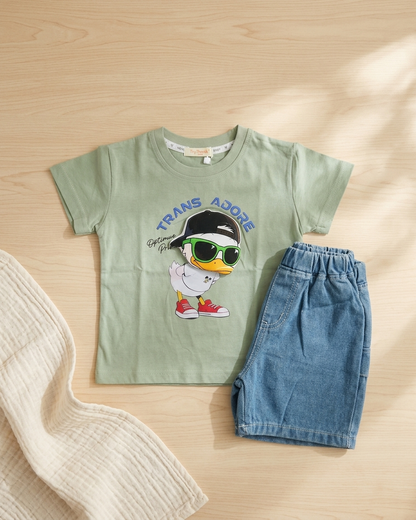 Urban Duckling: Boys' Sage Green Graphic Tee & Denim Shorts Set