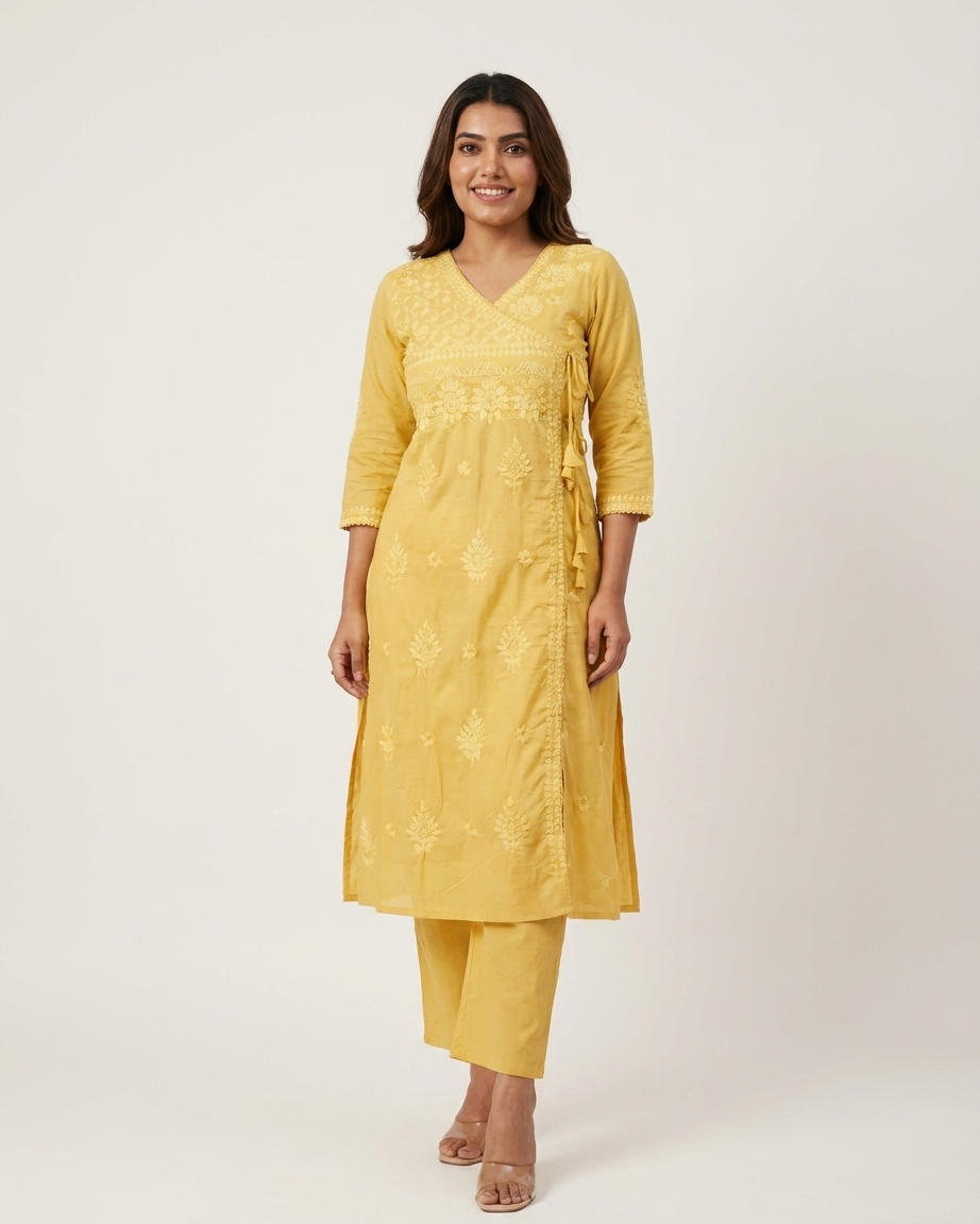 Soft Pastel Angrakha chikan kari Embroidered Kurta Set