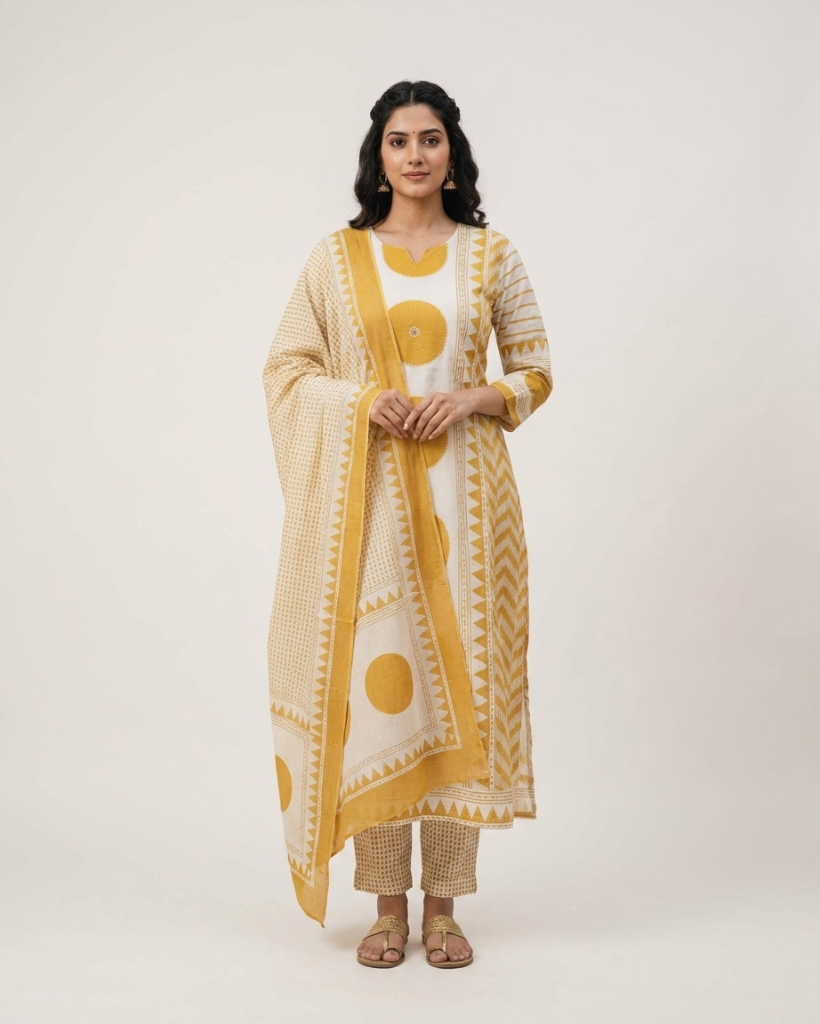 Geometric Print 3-Piece Kurta Set Mustard