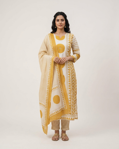 Geometric Print 3-Piece Kurta Set Mustard