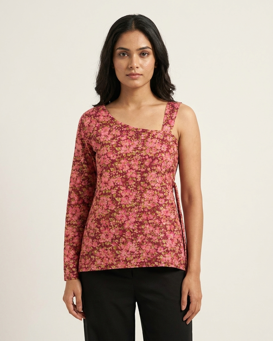 Vibrant Berry Floral Asymmetrical One-Sleeve Top