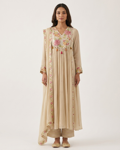 Floral Embroidered Gathered Anarkali Suit Set