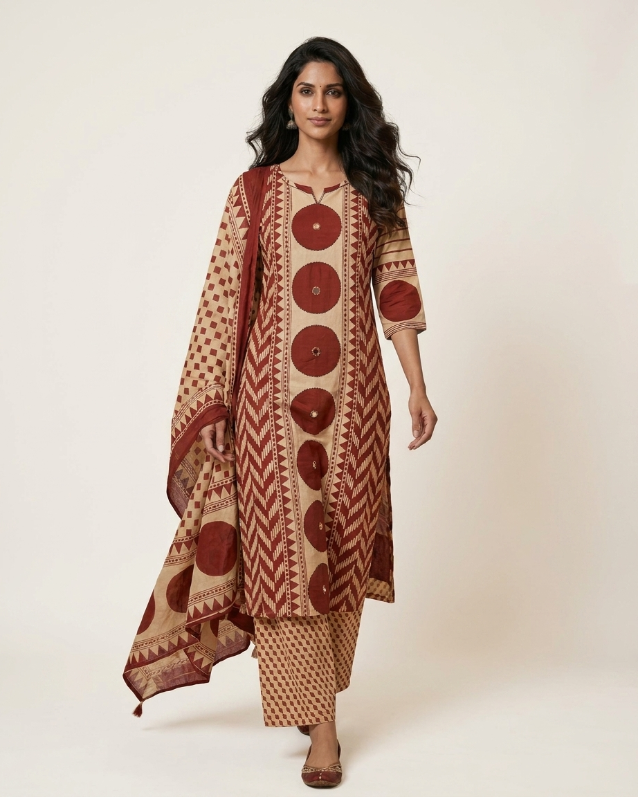 Geometric Print 3-Piece Kurta Set in Red