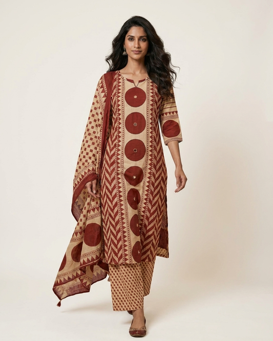 Geometric Print 3-Piece Kurta Set in Red
