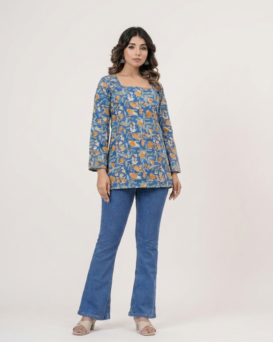 Royal Blue Floral Cotton Kurti with Lace-Up Back & Flared Sleeves