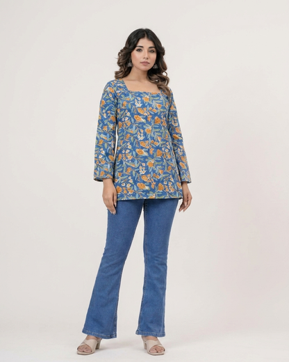 Royal Blue Floral Cotton Kurti with Lace-Up Back & Flared Sleeves