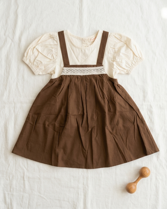 Cocoa Charm: Girls' Brown Lace-Trim Pinafore & Ivory Puff-Sleeve Blouse Set