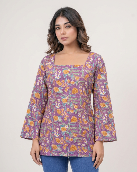 Royal Purple Floral Cotton Kurti with Lace-Up Back & Bell Sleeves