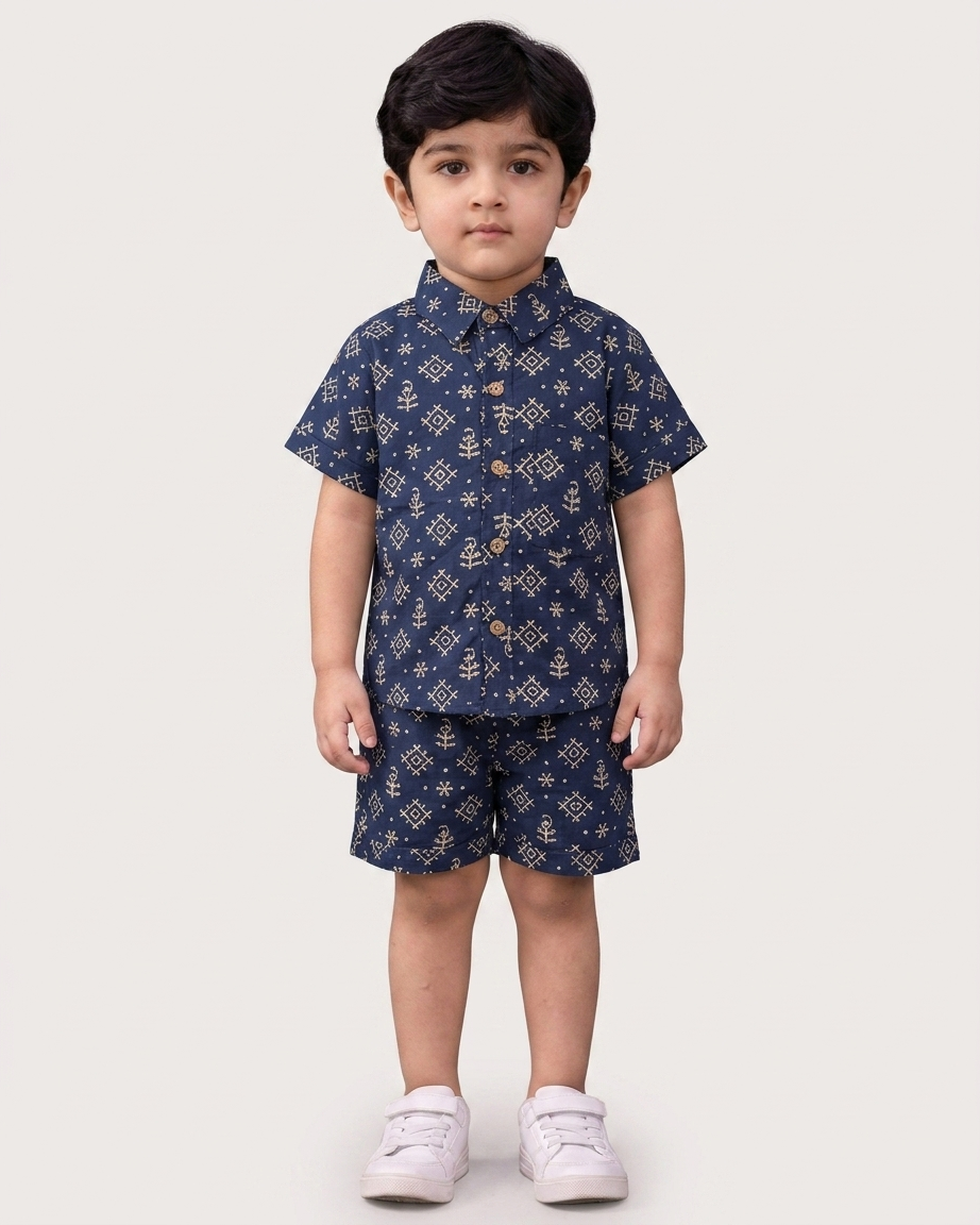 Midnight Geometric Boys' Cotton Co-ord Set: Shirt & Shorts