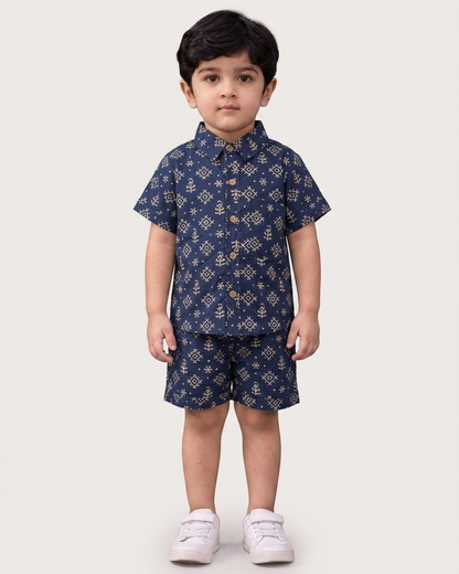 Midnight Geometric Boys' Cotton Co-ord Set: Shirt & Shorts
