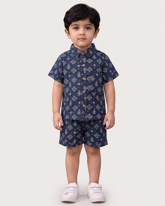 Midnight Geometric Boys' Cotton Co-ord Set: Shirt & Shorts