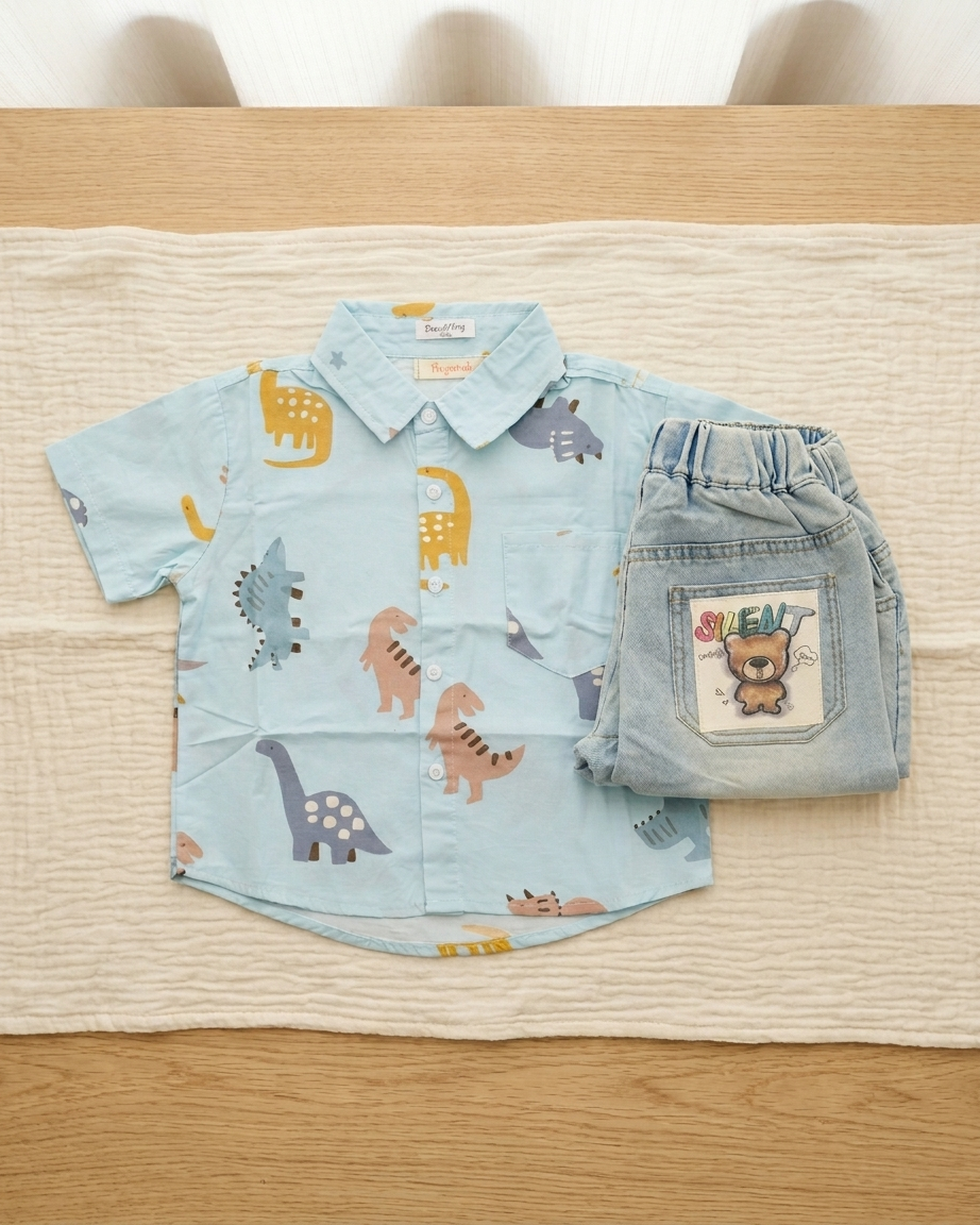 Dino-Day: Boys' Sky Blue Dinosaur Print Shirt & Light-Wash Denim Shorts Set