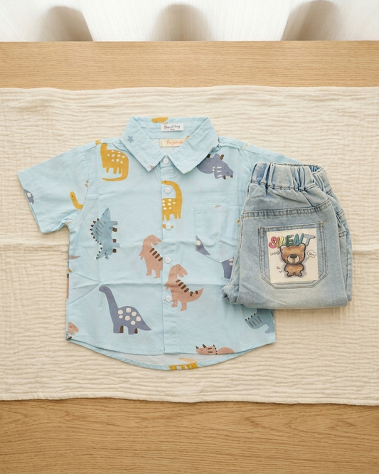 Dino-Day: Boys' Sky Blue Dinosaur Print Shirt & Light-Wash Denim Shorts Set