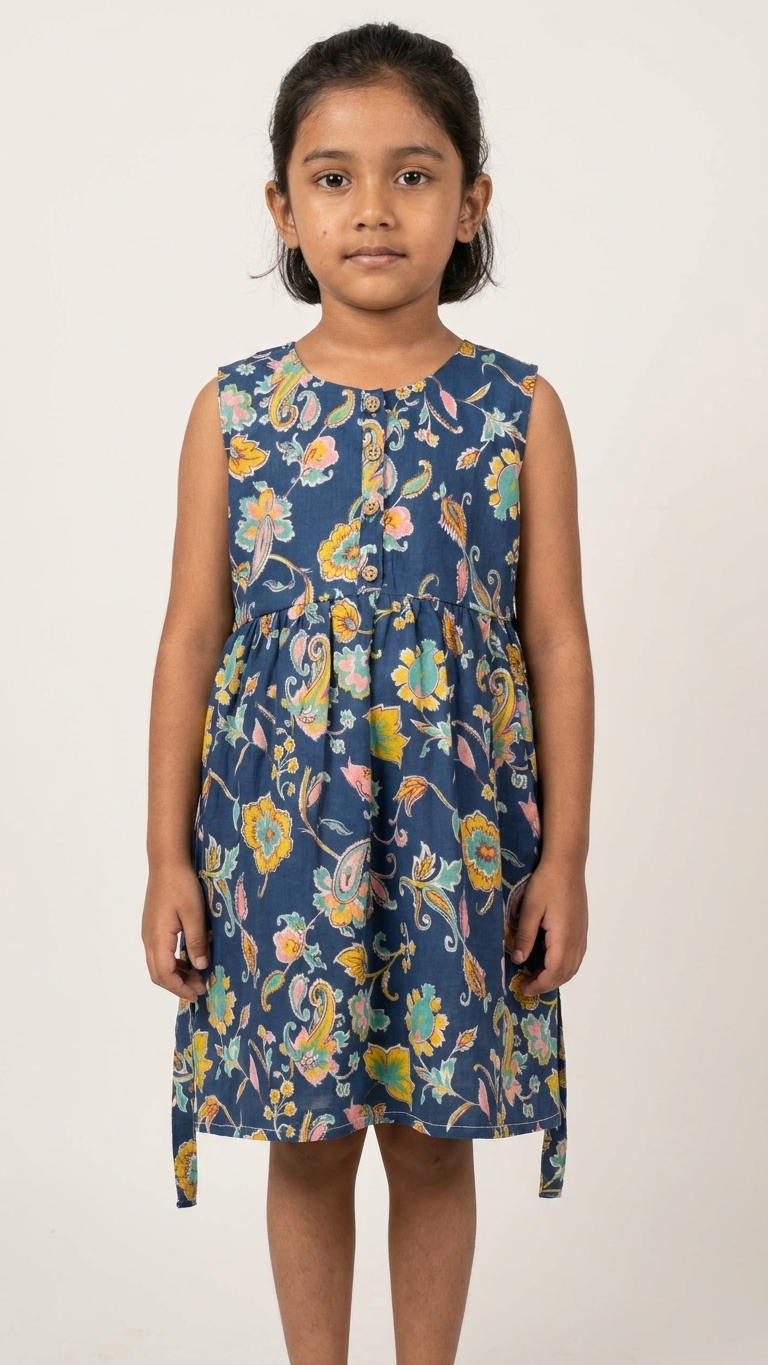Midnight Paisley Girls' Cotton Sleeveless Frock with Side Ties