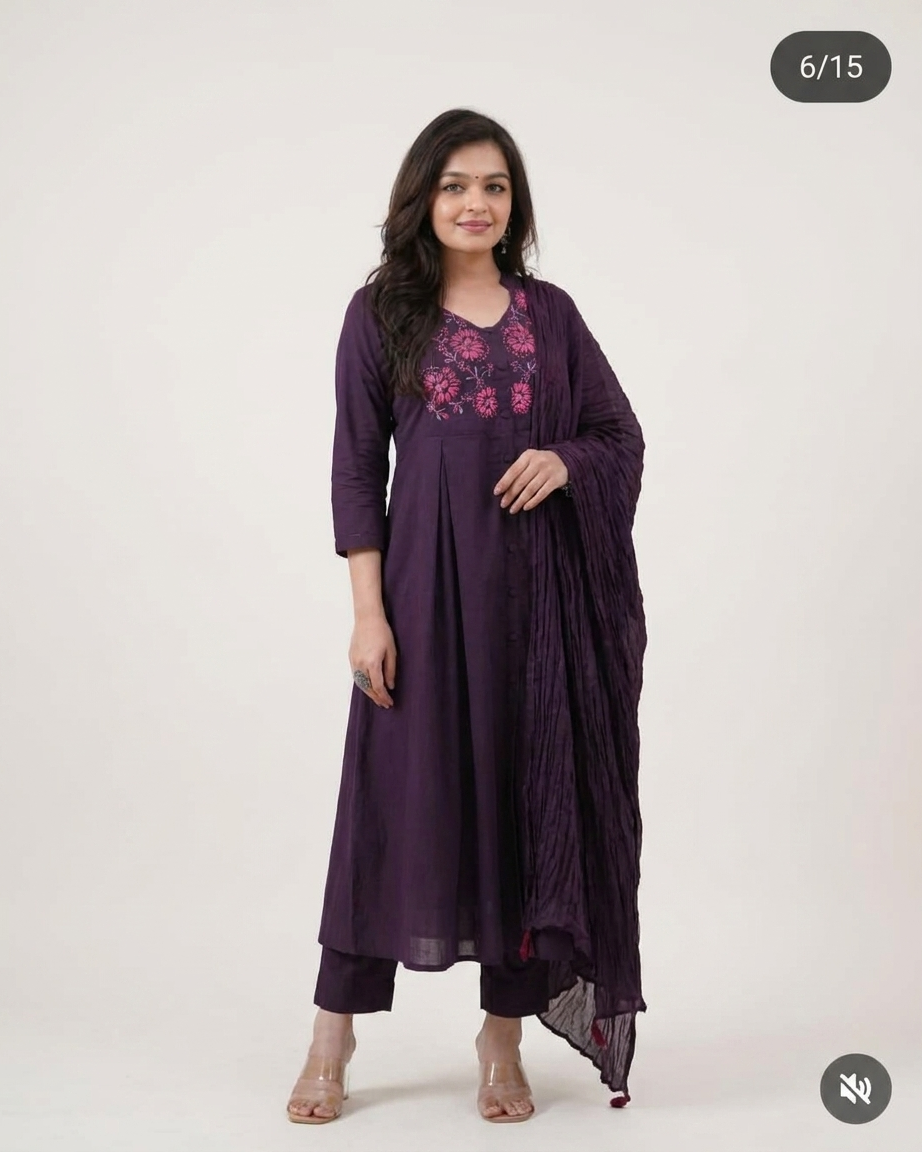 Embroidered Gathered Kurta Set with Crinkled Dupatta