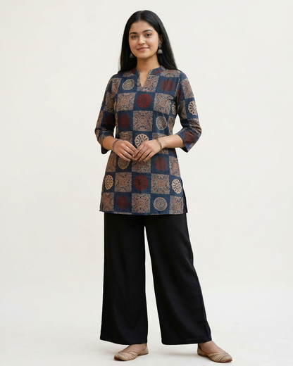 Indigo Jaipuri Geometric Print Cotton Short Kurti