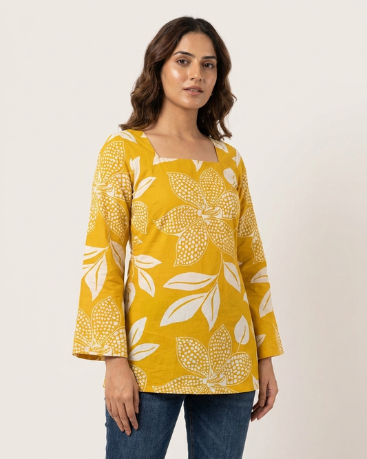 Golden Mustard Floral Corset-Back Tunic