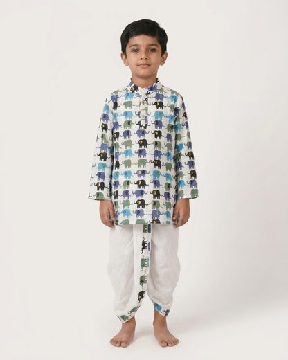 Little Explorer: Boys' Elephant Print Cotton Kurta & Dhoti Set