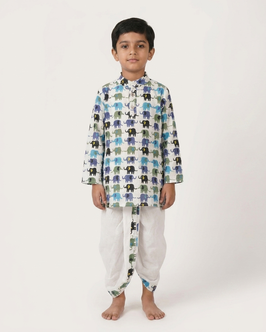Little Explorer: Boys' Elephant Print Cotton Kurta & Dhoti Set