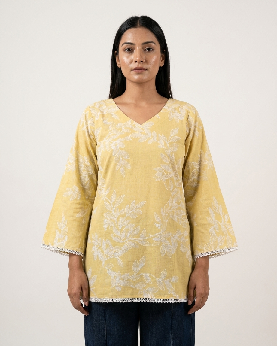 Soft Mustard Yellow Botanical Tunic Top with Lace Trim