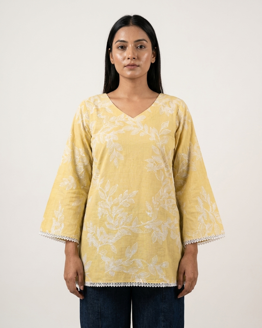 Soft Mustard Yellow Botanical Tunic Top with Lace Trim