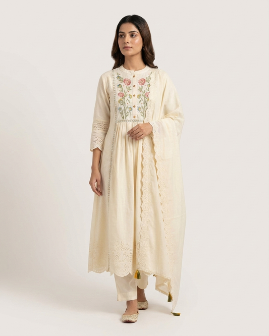 Ivory Floral Embroidered Gathered Kurta Set with Schiffli Detailing