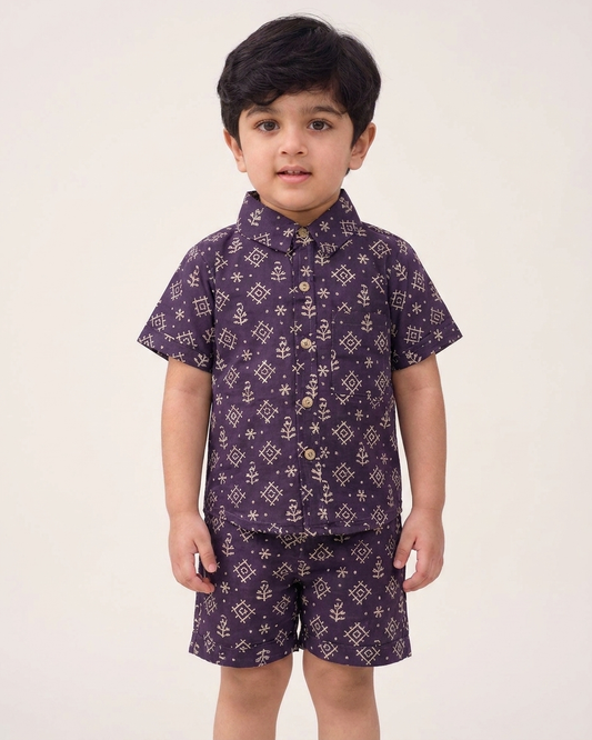 Midnight Geometric Block Print Boys' Cotton Co-ord Set: Shirt & Shorts