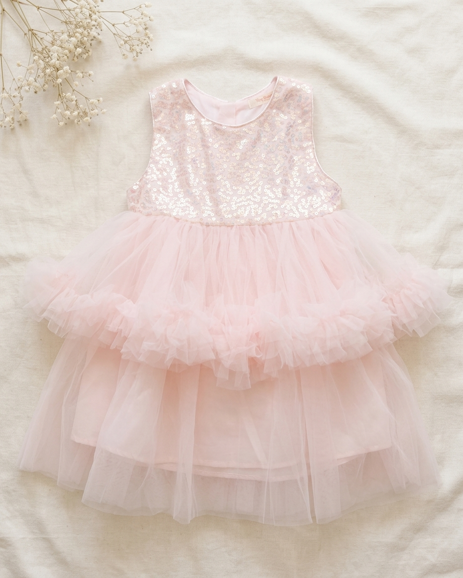 Sparkle & Twirl: Girls' Pink Sequined Bodice Tiered Tulle Party Dress
