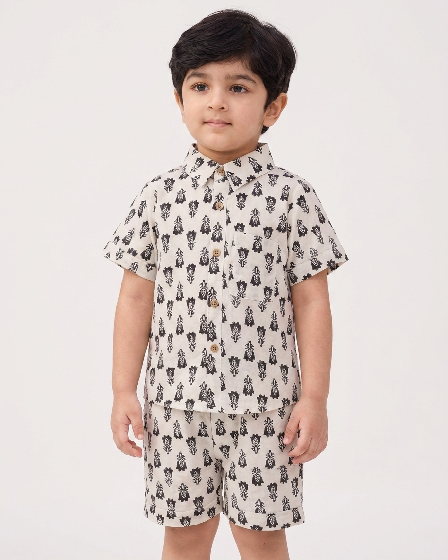 Monochrome Boota Boys' Cotton Co-ord Set: Shirt & Shorts