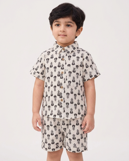 Monochrome Boota Boys' Cotton Co-ord Set: Shirt & Shorts