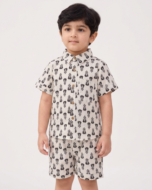 Monochrome Boota Boys' Cotton Co-ord Set: Shirt & Shorts