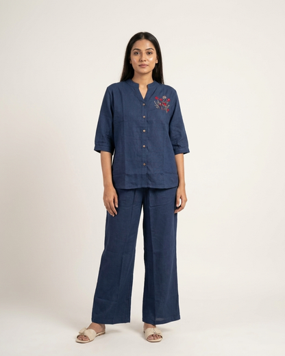 Minimalist Floral Embroidered Button-Down Co-ord Set
