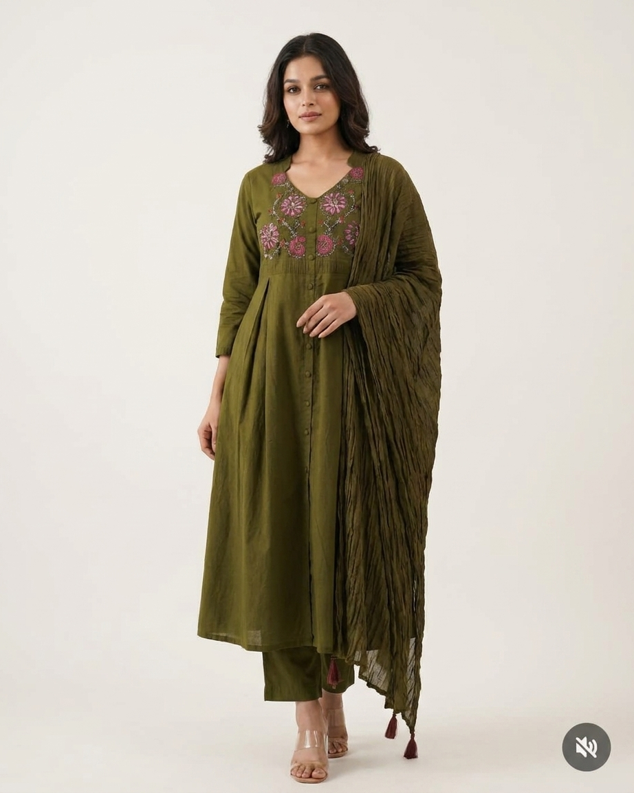 Embroidered Gathered Kurta Set with Crinkled Dupatta