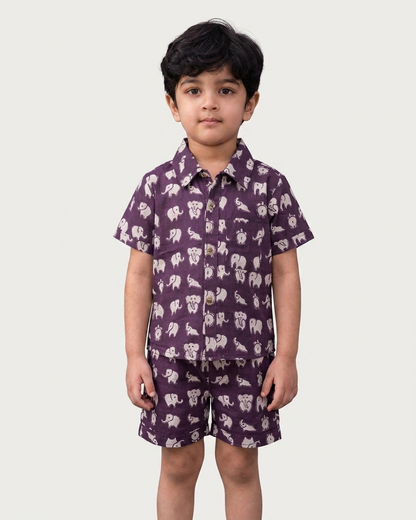 Plum Elephant Print Boys' Cotton Co-ord Set: Shirt & Shorts