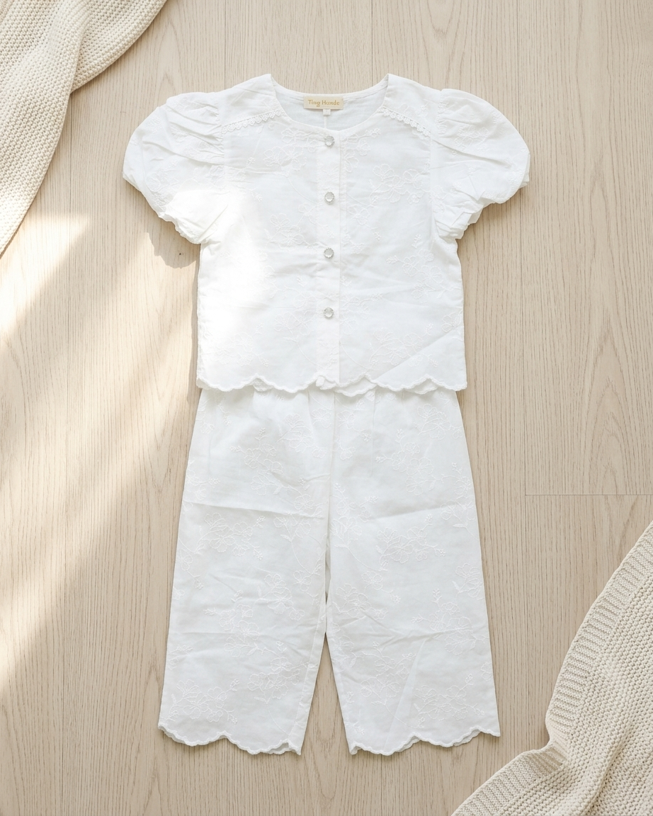 Cloud White Floral Chikankari Cotton Set with Scalloped Hem & Puff Sleeves