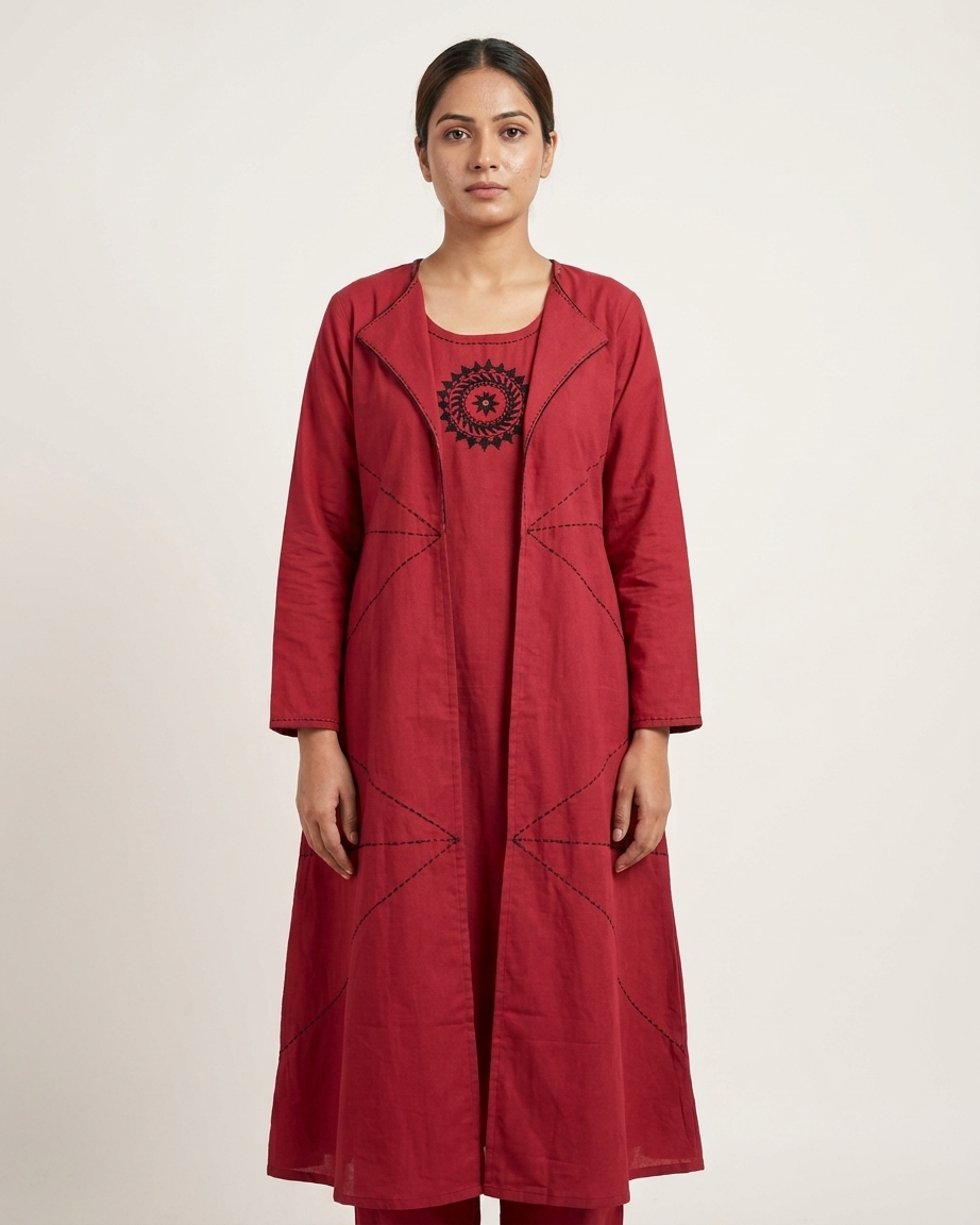 3-Piece Layered Red Jacket Kurta Set