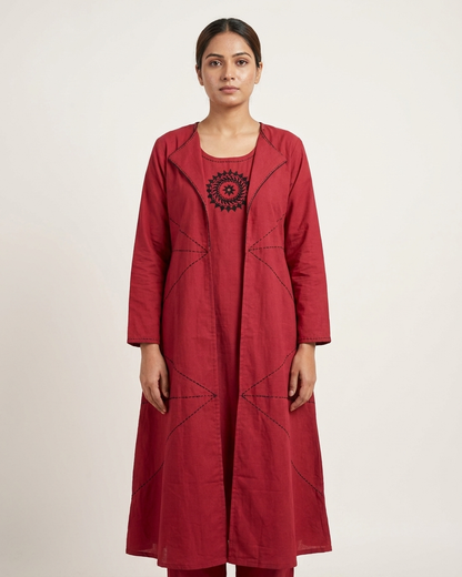 3-Piece Layered Red Jacket Kurta Set