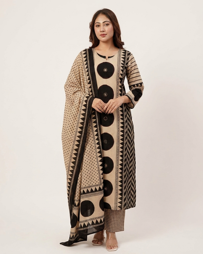 Geometric Print 3-Piece Kurta Set Black