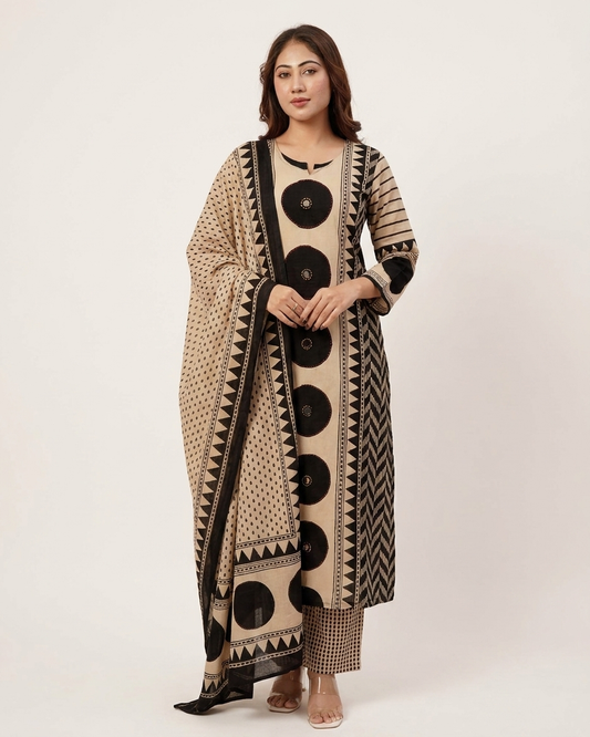 Geometric Print 3-Piece Kurta Set Black