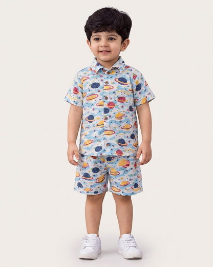 Cosmic Explorer Space Print Boys' Cotton Co-ord Set: Shirt & Shorts