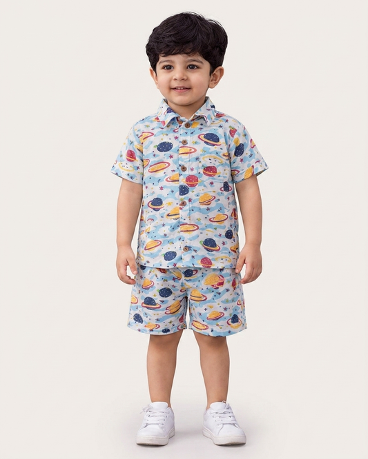 Cosmic Explorer Space Print Boys' Cotton Co-ord Set: Shirt & Shorts