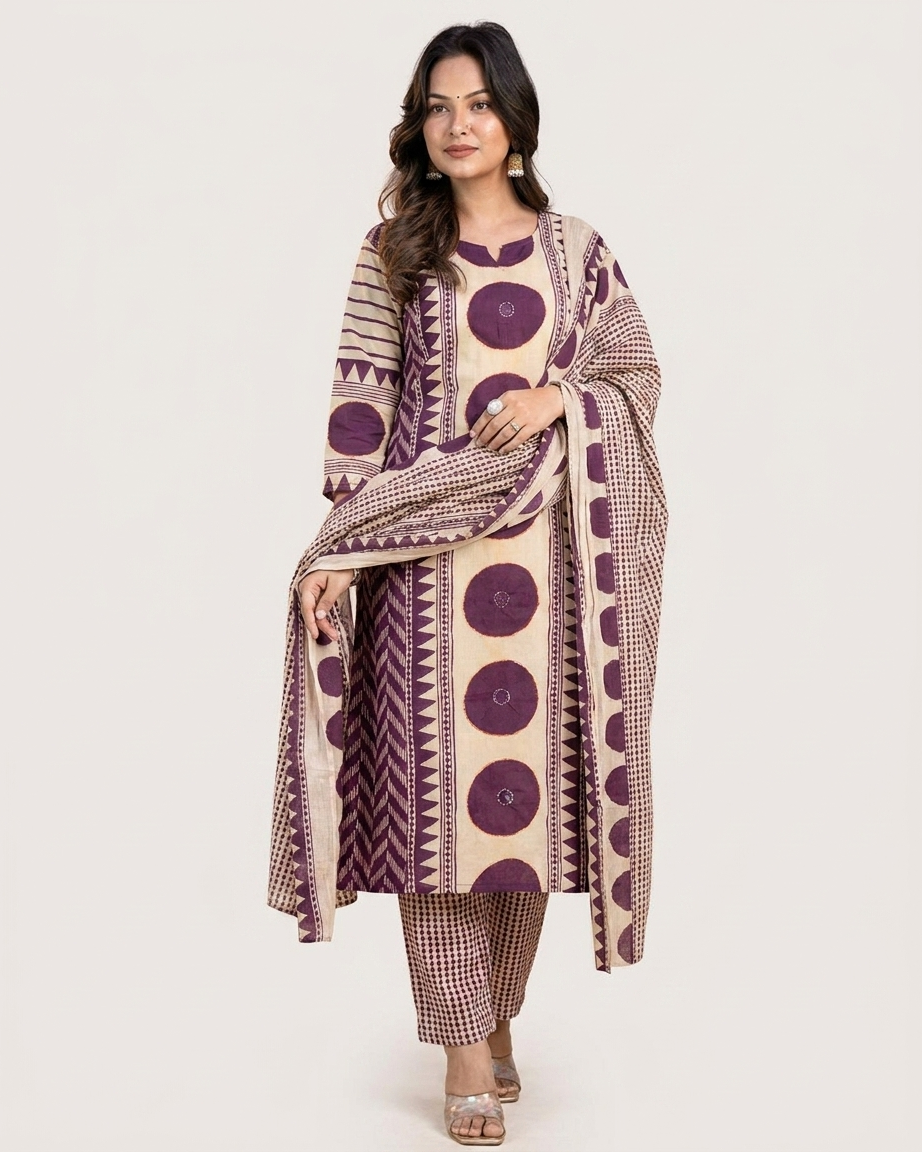 Geometric Print 3-Piece Kurta Set in Purple