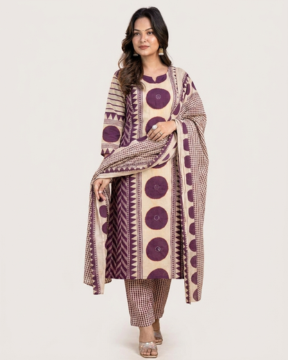 Geometric Print 3-Piece Kurta Set in Purple