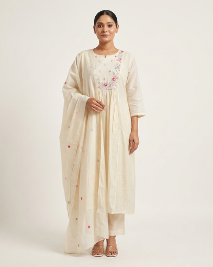 Ivory Pastel Floral Embroidered Gathered Kurta Set