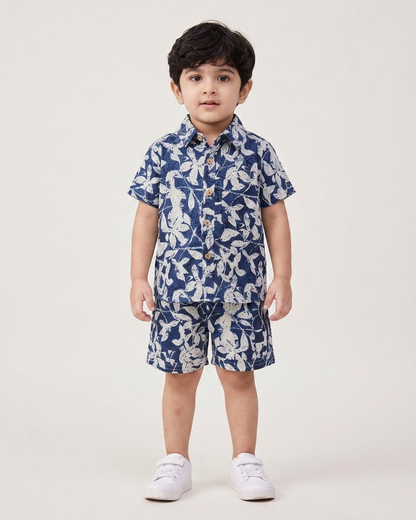 Indigo Leaf Print Boys' Cotton Co-ord Set: Shirt & Shorts